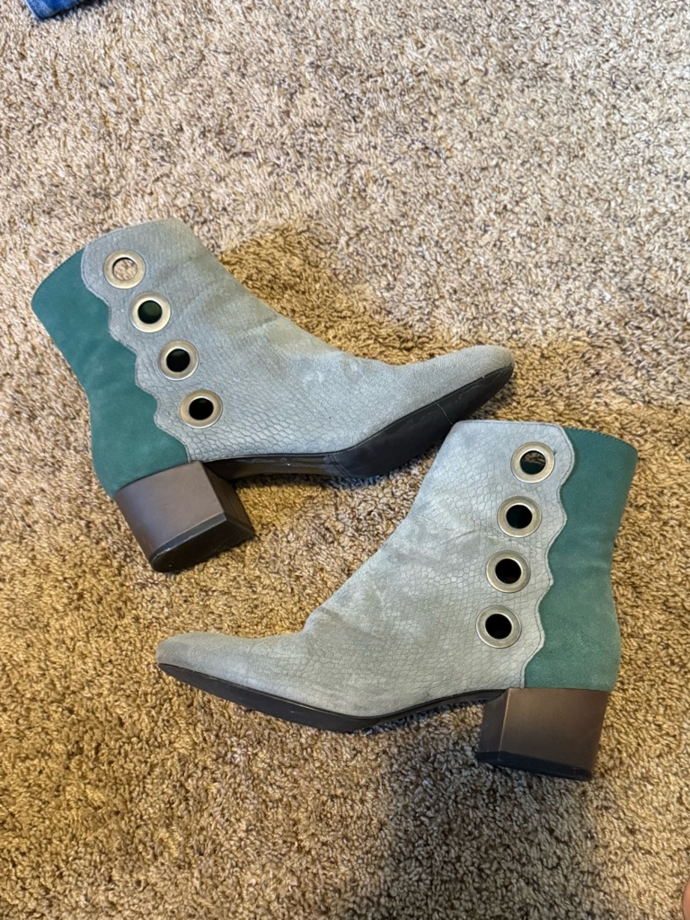 LOGO by Lori Goldstein Green Suede & Leather Scallop Ankle Boots with Grommets